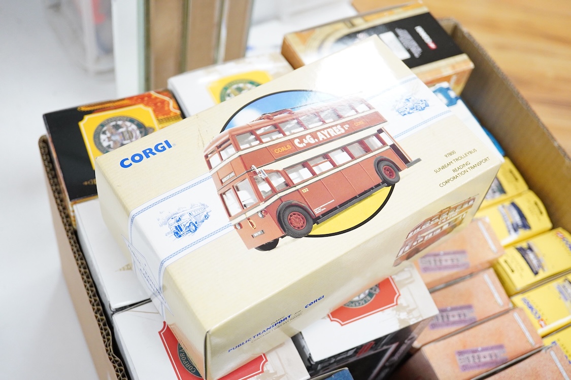 Forty-five boxed diecast trams, buses and other commercial vehicles by Corgi Classic, Corgi OOC, and EFE, operators include Leeds tram, the Tate & Lyle Story set, Blackpool Corporation Transport (seven examples), Thornyc